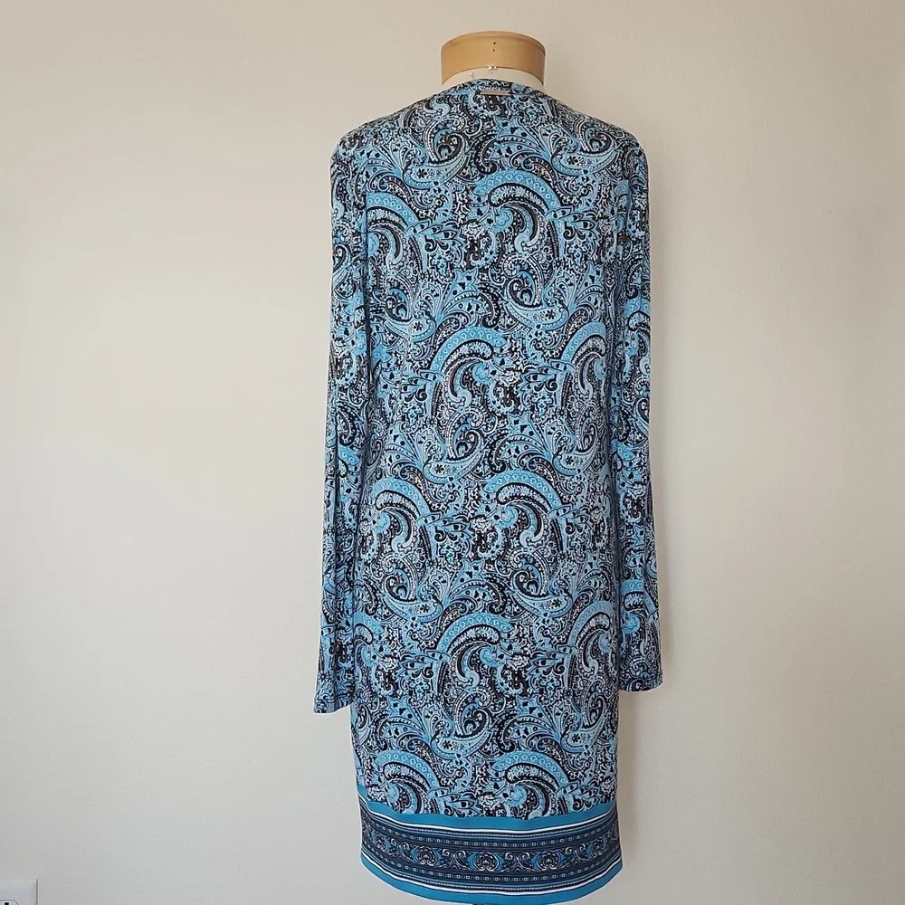 NWT Michael Kors Long Sleeve Blue Paisley Shift Dress Medium - Picture 4 of 8